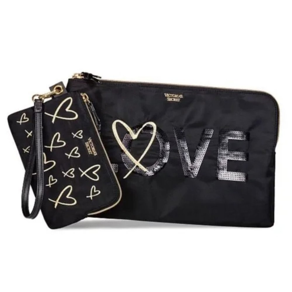 Victoria's Secret LOVE Clutch Wristlet Set Bling Gold Hearts Black Makeup Bag